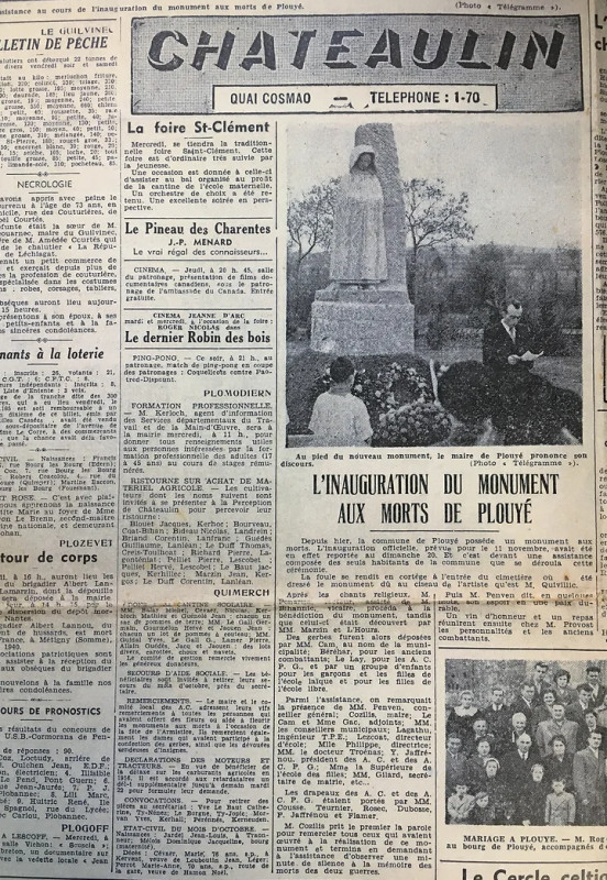 Inauguration du Monument aux Morts de Plouyé le 20 novembre 1955 - Coupure de presse Le Télégramme du lundi 21 novembre 1955